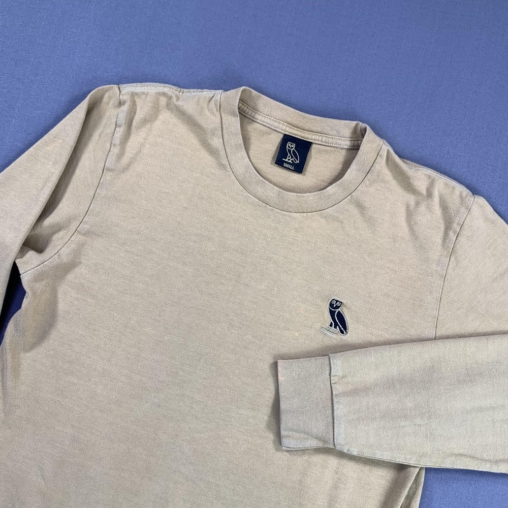 OVO Shirt Mens SM Beige Owl Gold Drake Logo Long Sleeve Crew Neck Tee Canada